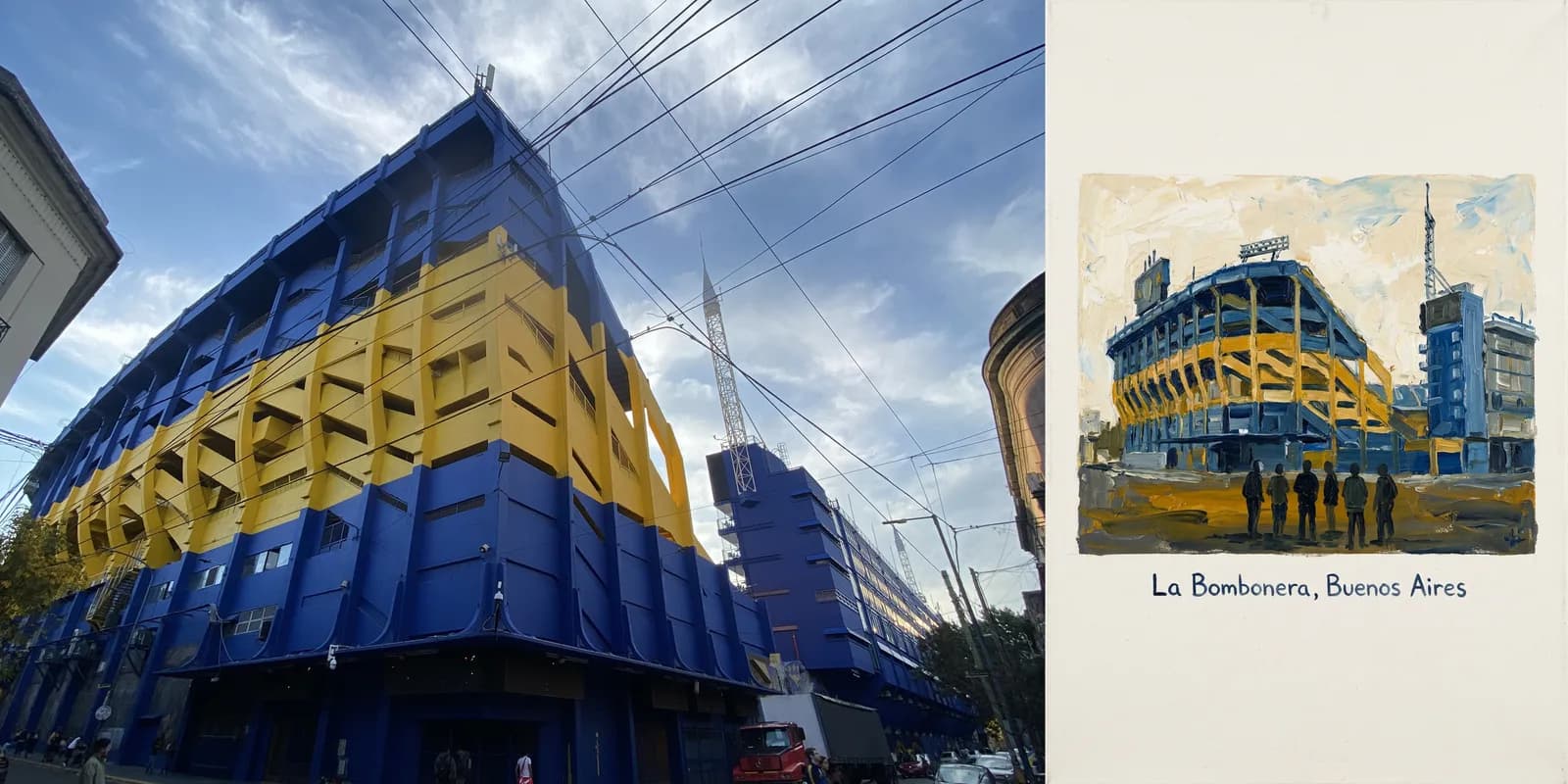 Postcard generated from a photo: La Bombonera, Buenos Aires, oil on light canvas