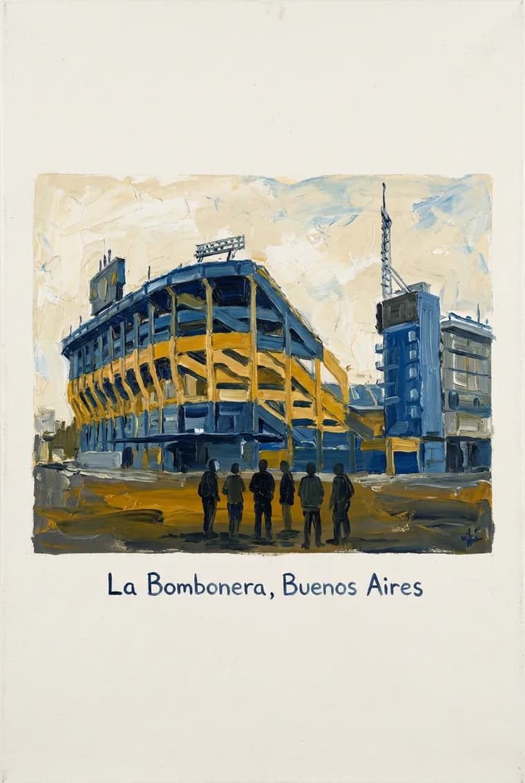 The page produced from this photo, oil on light canvas, caption “La Bombonera, Buenos Aires”
