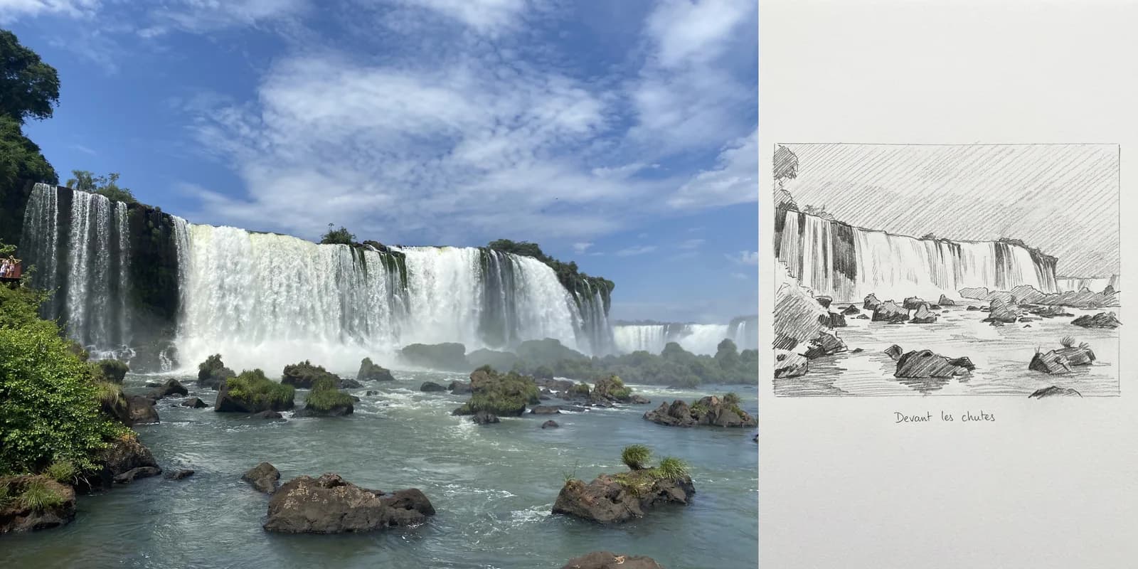 Postcard generated from a photo: Devant les chutes, pencil on paper