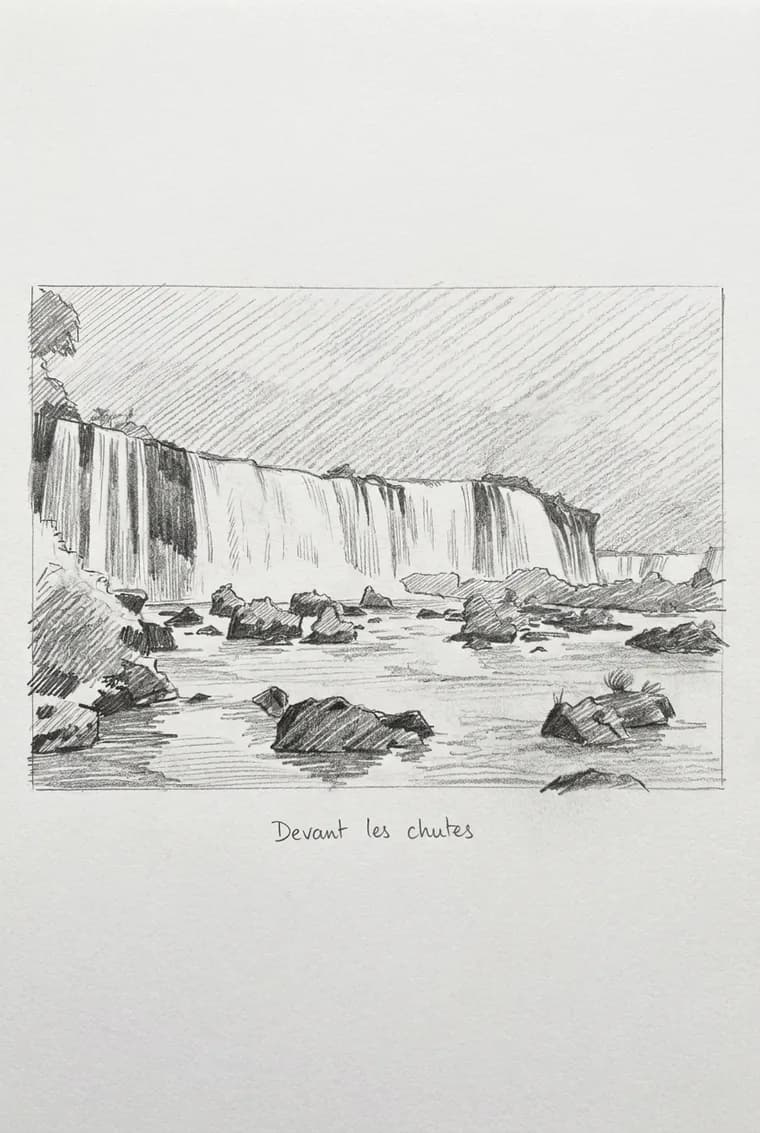 The page produced from this photo, pencil on paper, caption “Devant les chutes”