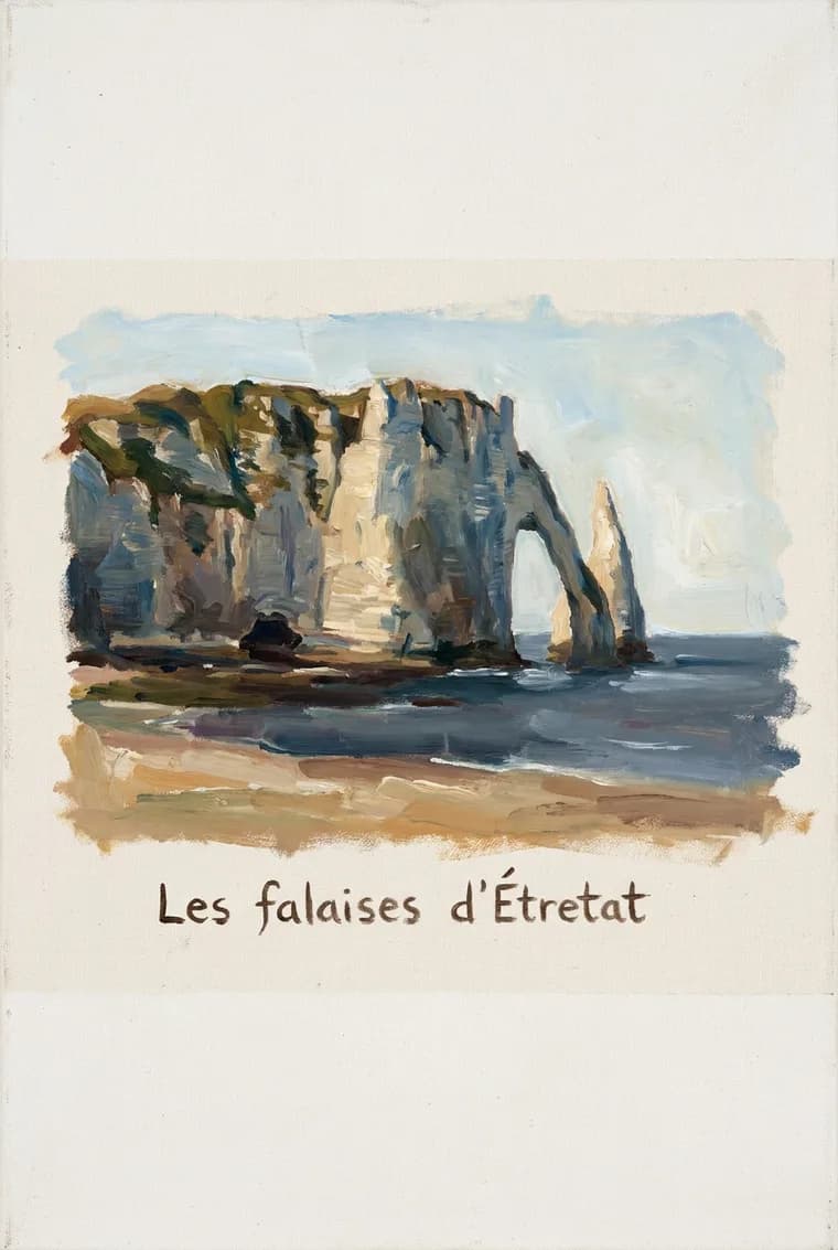 The page produced from this photo, oil on light canvas, caption “Les falaises d'Étretat”