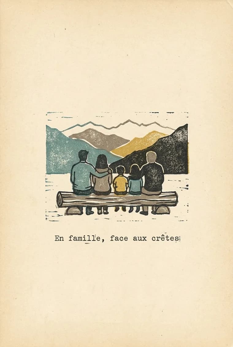 The page produced from this photo, field notebook, caption “En famille, face aux crêtes”