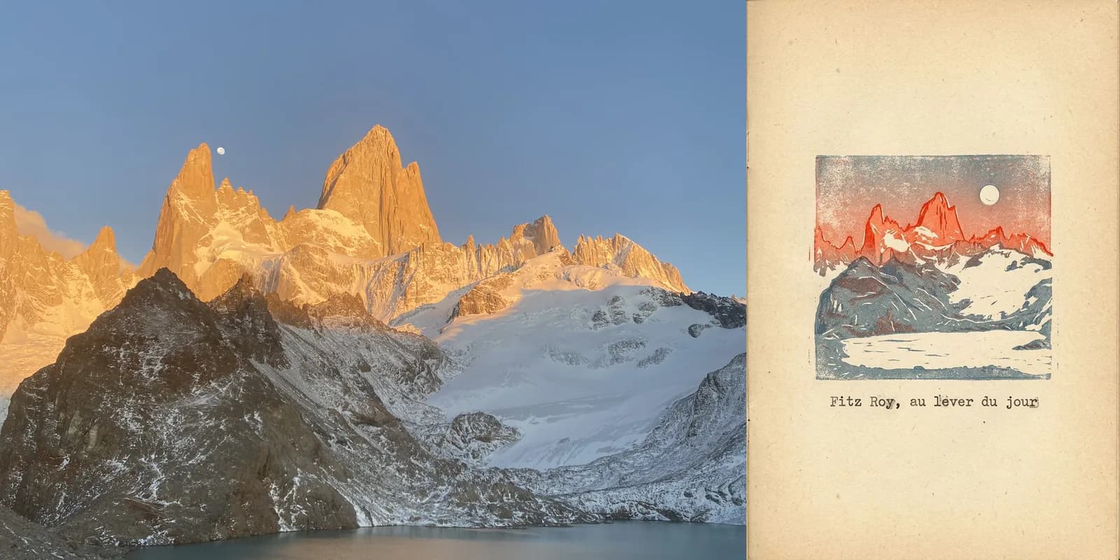 Postcard generated from a photo: Fitz Roy, au lever du jour, field notebook
