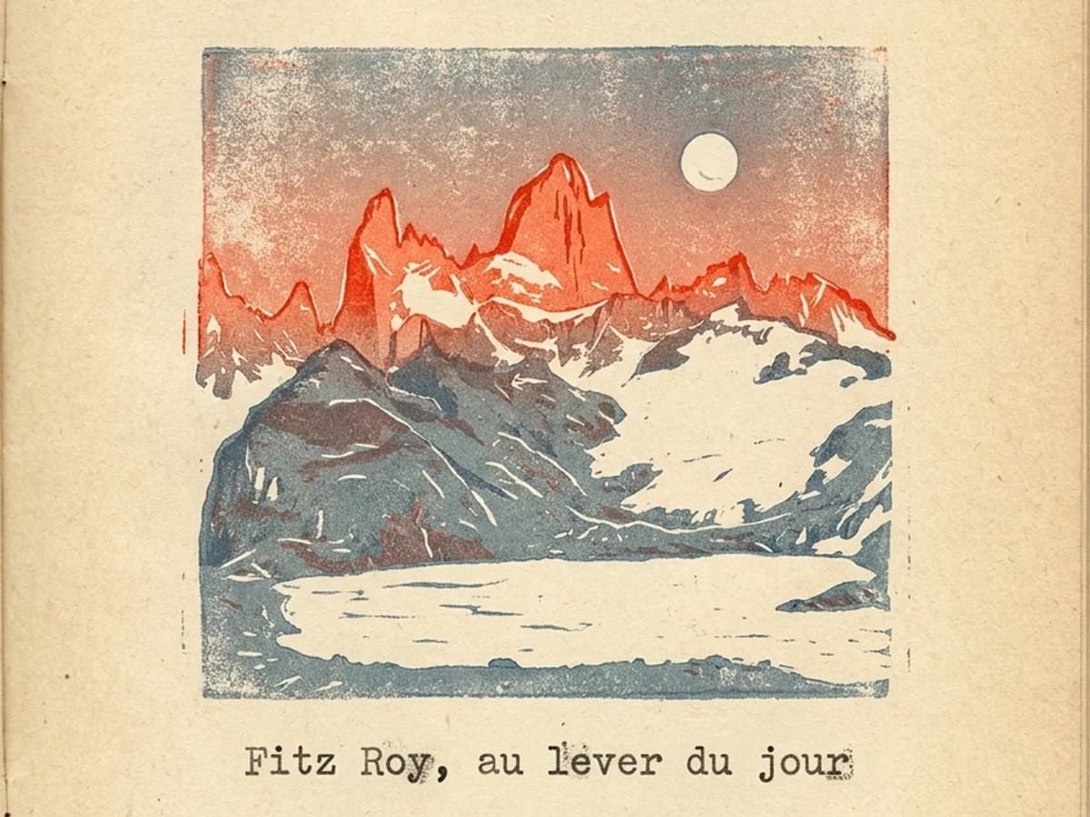 Engraved drawing: the same massif as a stamp, spires in red, glacier in blue-grey, the moon, and the caption “Fitz Roy, at daybreak”