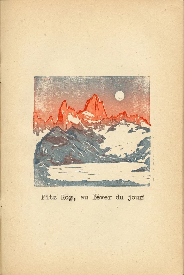 The page produced from this photo, field notebook, caption “Fitz Roy, au lever du jour”