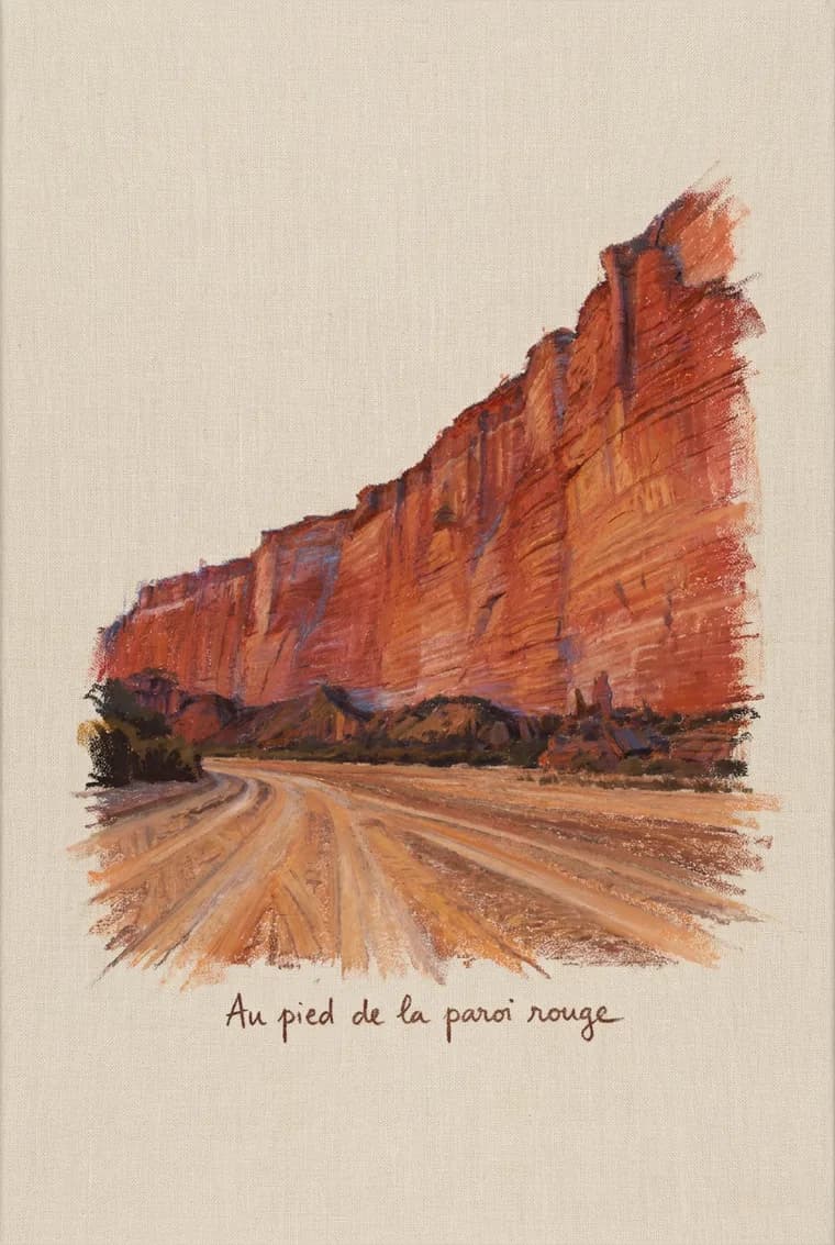 The page produced from this photo, pastel on canvas, caption “Au pied de la paroi rouge”