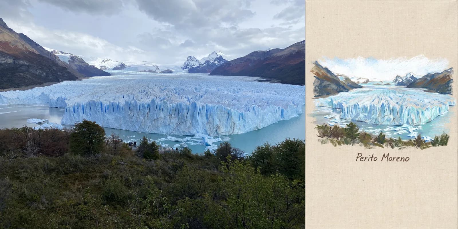Postcard generated from a photo: Perito Moreno, pastel on canvas