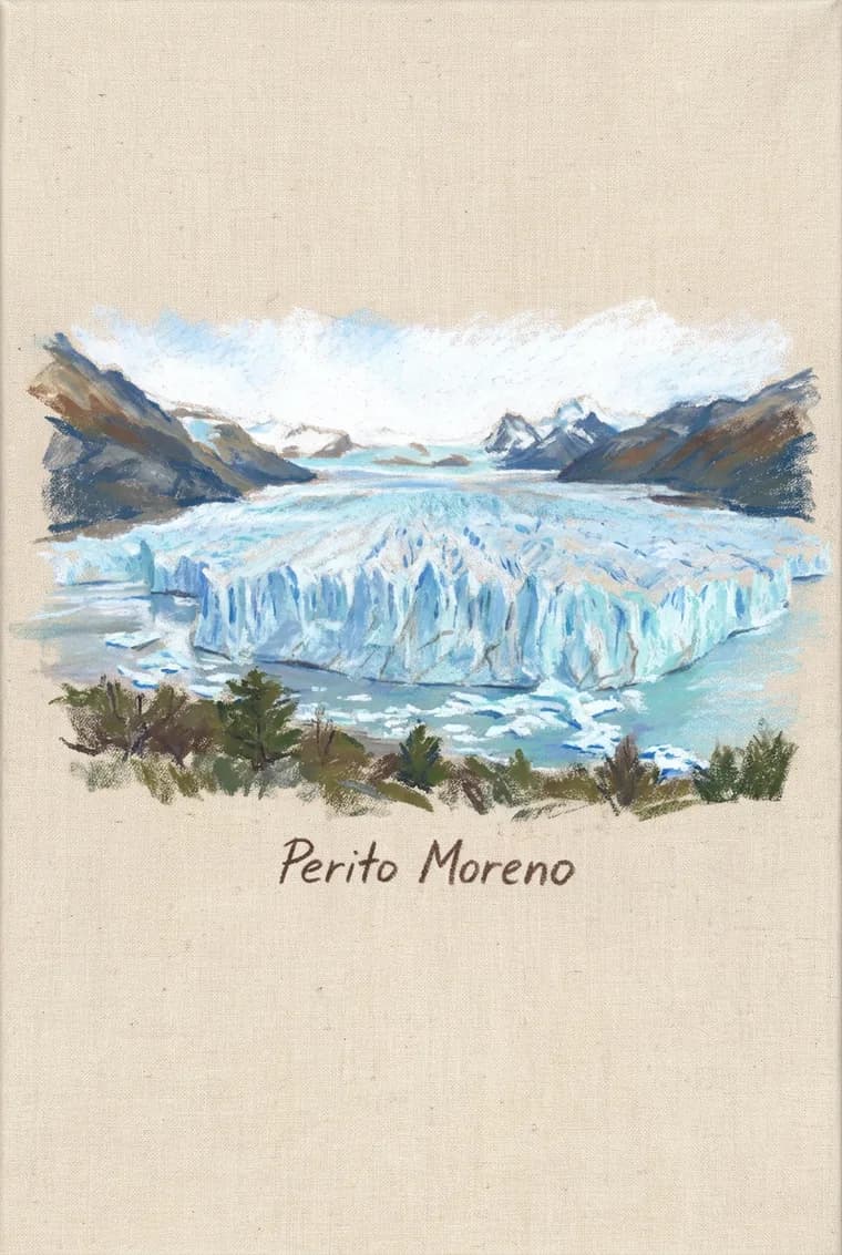 The page produced from this photo, pastel on canvas, caption “Perito Moreno”