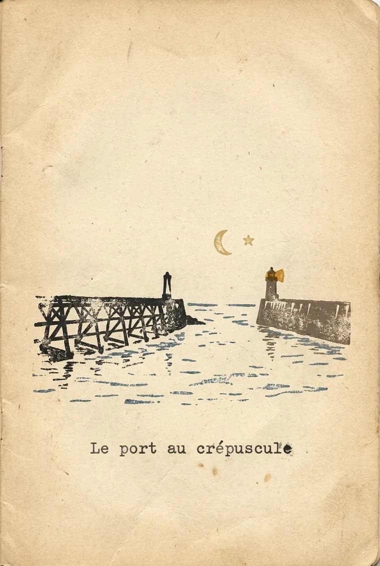 The page produced from this photo, field notebook, caption “Le port au crépuscule”