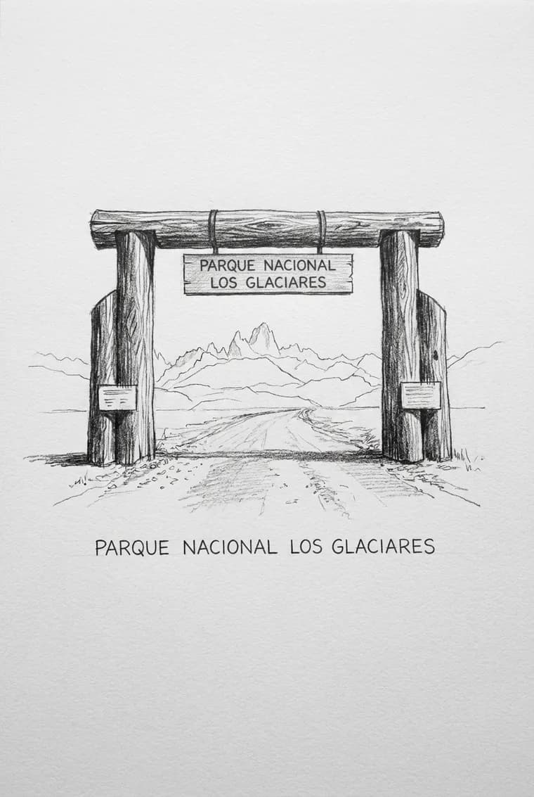 The page produced from this photo, pencil on paper, caption “Parque Nacional Los Glaciares”